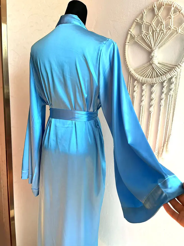 Slate Blue Bridal Kimono Floor Length Robe Bridal Lingerie Wedding Long Satin Dressing Gown Boudoir Silky Kimono Bridesmaid Robe