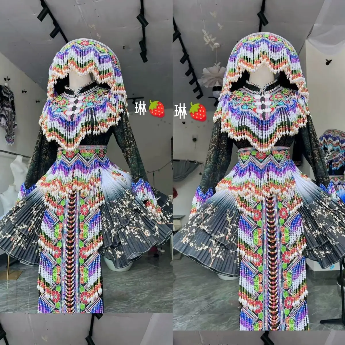 2025 جديد يوننان مياو الأرجواني تنورة قصيرة مجموعة المطرزة حبة أعلى + تنورة قصيرة + قبعة الملابس العرقية مجموعة جديدة هالوين عيد الميلاد #4