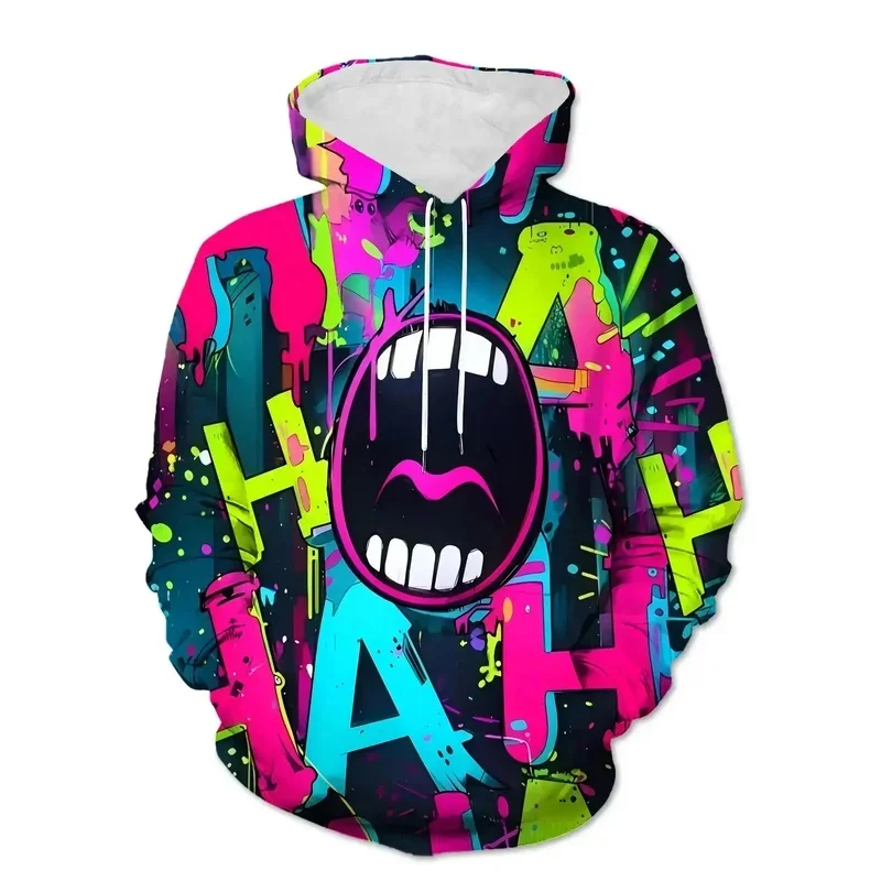 Men Black Base Neon HAHA Letter Big Mouth Graffiti Splash Print Drawstring Hoodie With Pocket