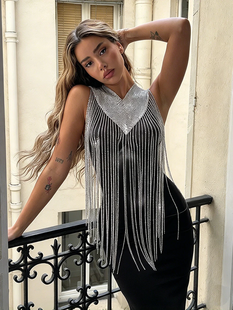 Sexy Metal Chain Long Tassel Women Tank Top Shiny Rhinestone Backless Halter Neck Hollow See Through Camisole Party Crop Tops