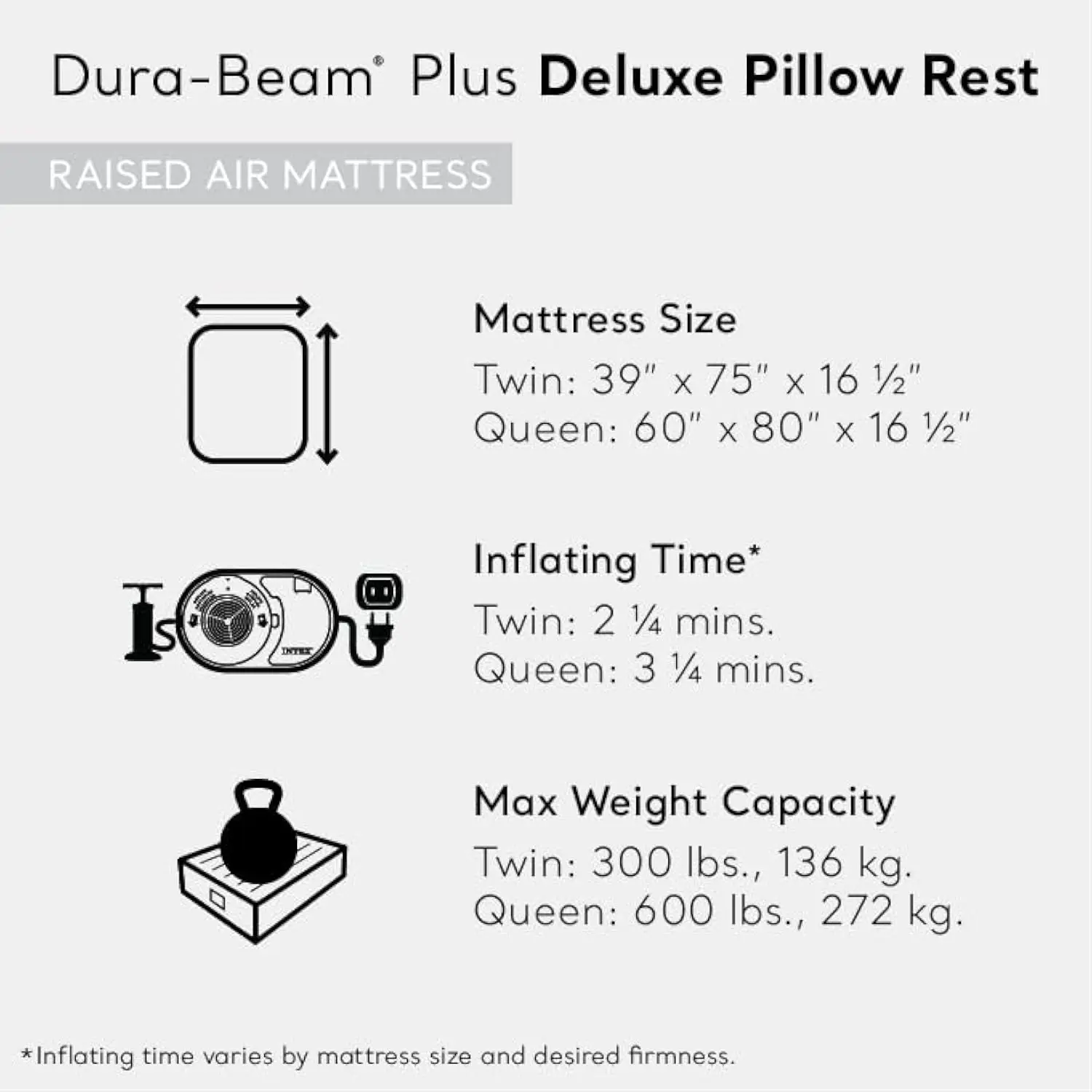 64135ED Dura-Beam Plus Deluxe Pillow Rest Air Mattress: Fiber-Tech – Queen Size – Built-in Electric Pump – 16.5in Bed Height –