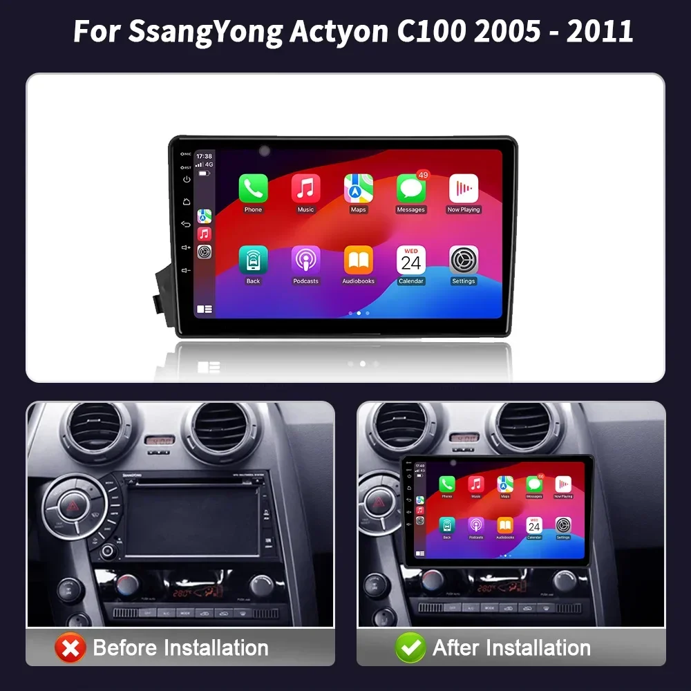 Android For SsangYong Actyon C100 2005-2011 WIFI GPS 2DIN Car Radio Multimedia Player Navigation Wireless CarPlay Screen Stereo