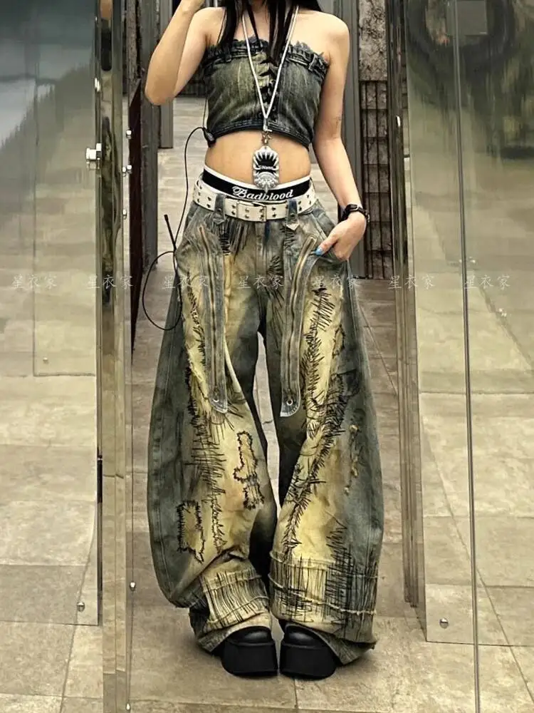 Unisex Jeans 2025 Autumn Winter Women's Retro Distressed Man Denim Pants Random Embroidery Y2K Street Punk Flare Wide Leg Pants