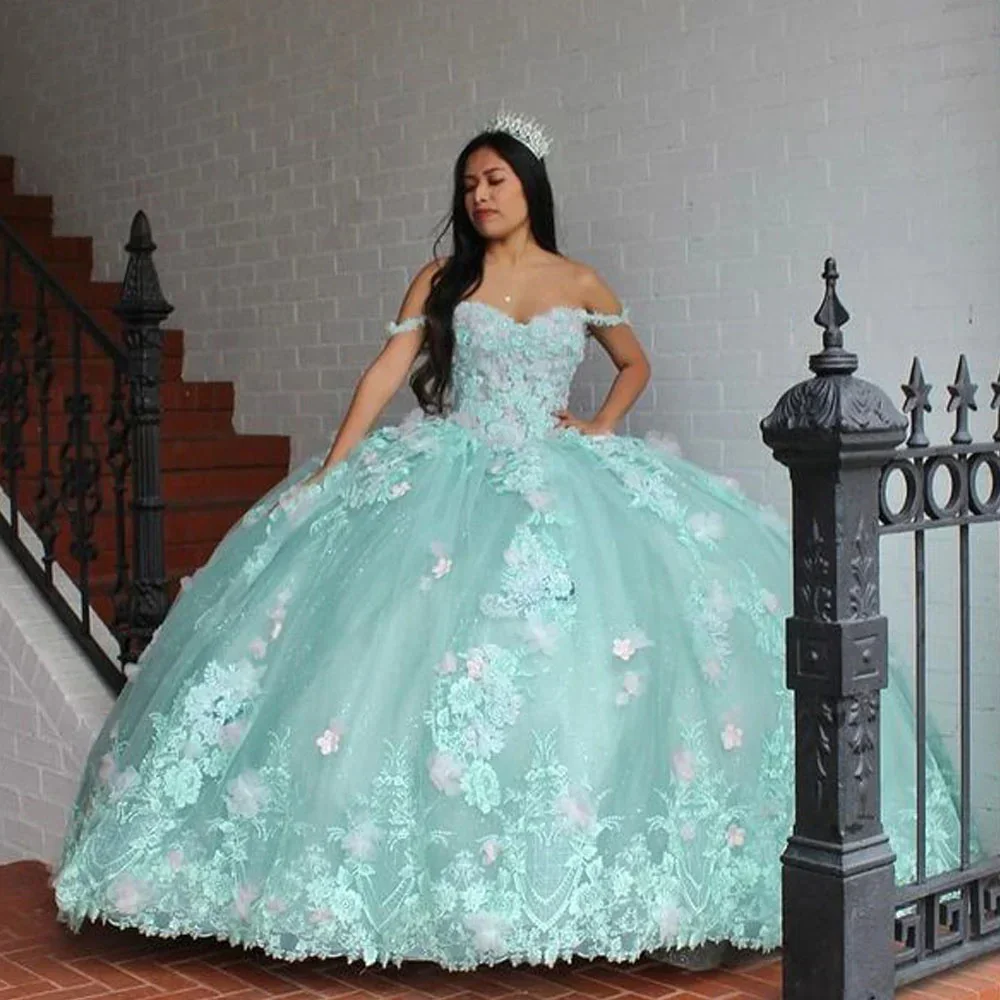 حكيم الأخضر فساتين الأميرة Quinceanera ، الزهور الدانتيل ، يزين مطرز بالخرز تول المتدرج ، الحلو 16 اللباس ، حفلة موسيقية فساتين عيد ميلاد