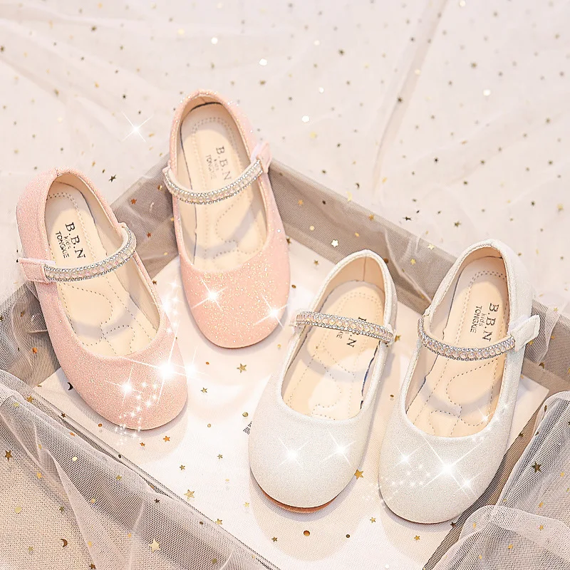 Little Girls Leather Shoes Soft Kids Mary Janes with Beading Beaded Chic Princess Sweet Simple Children Flats White for Wedding
