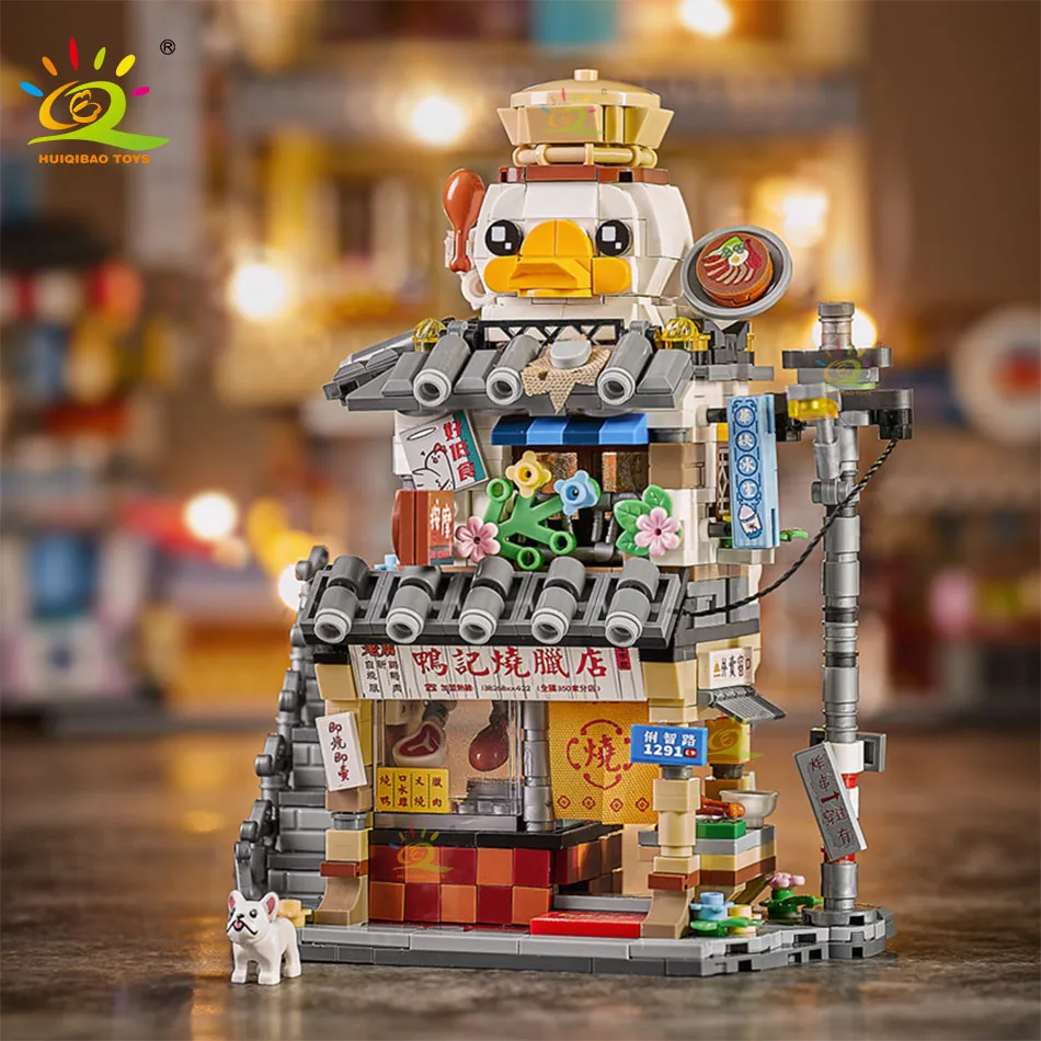 HUIQIBAO City Mini Chinese Street View Gourmet Shop Micro Building Blocks Set Seafood Restaurant DIY Bricks Toys For Children