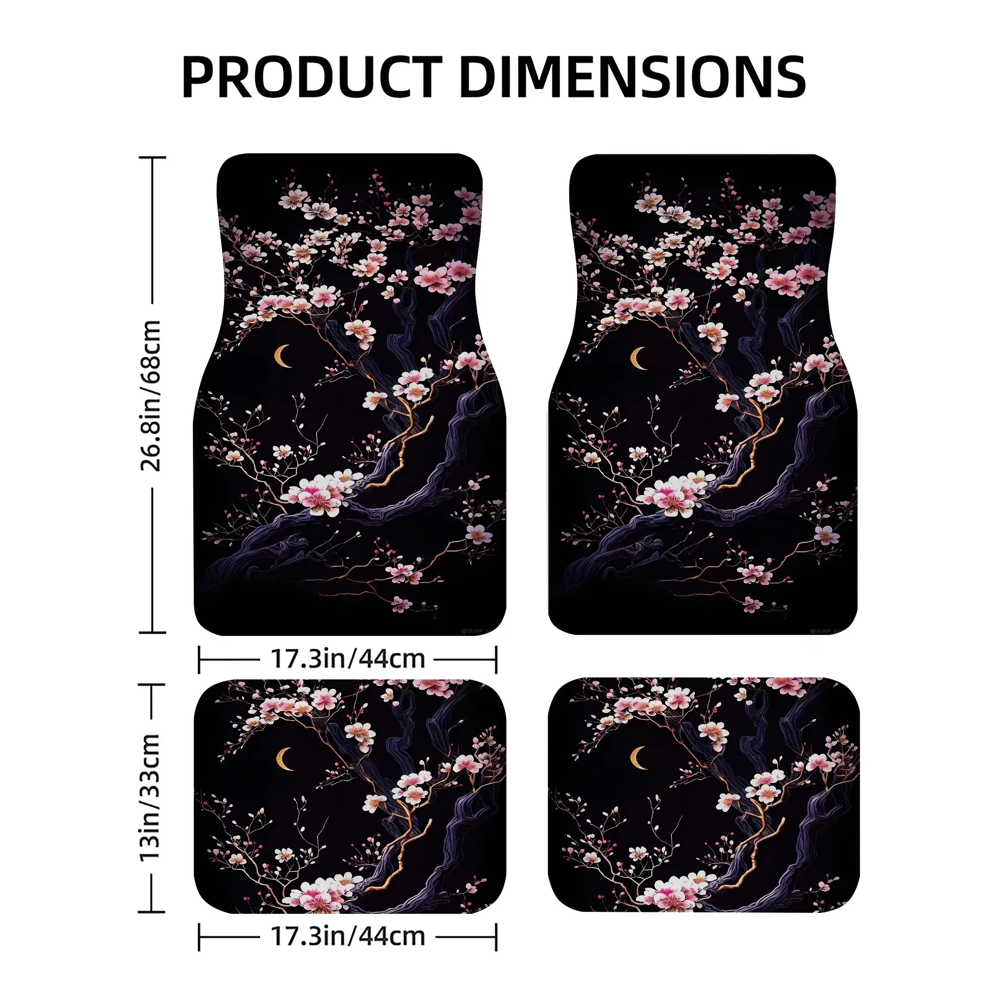 Complete Set Of Car Floor Mats And Trunk Mat In Night Cherry Blossom Design, Featuring A Stunning Scene. These All-Weather Inter