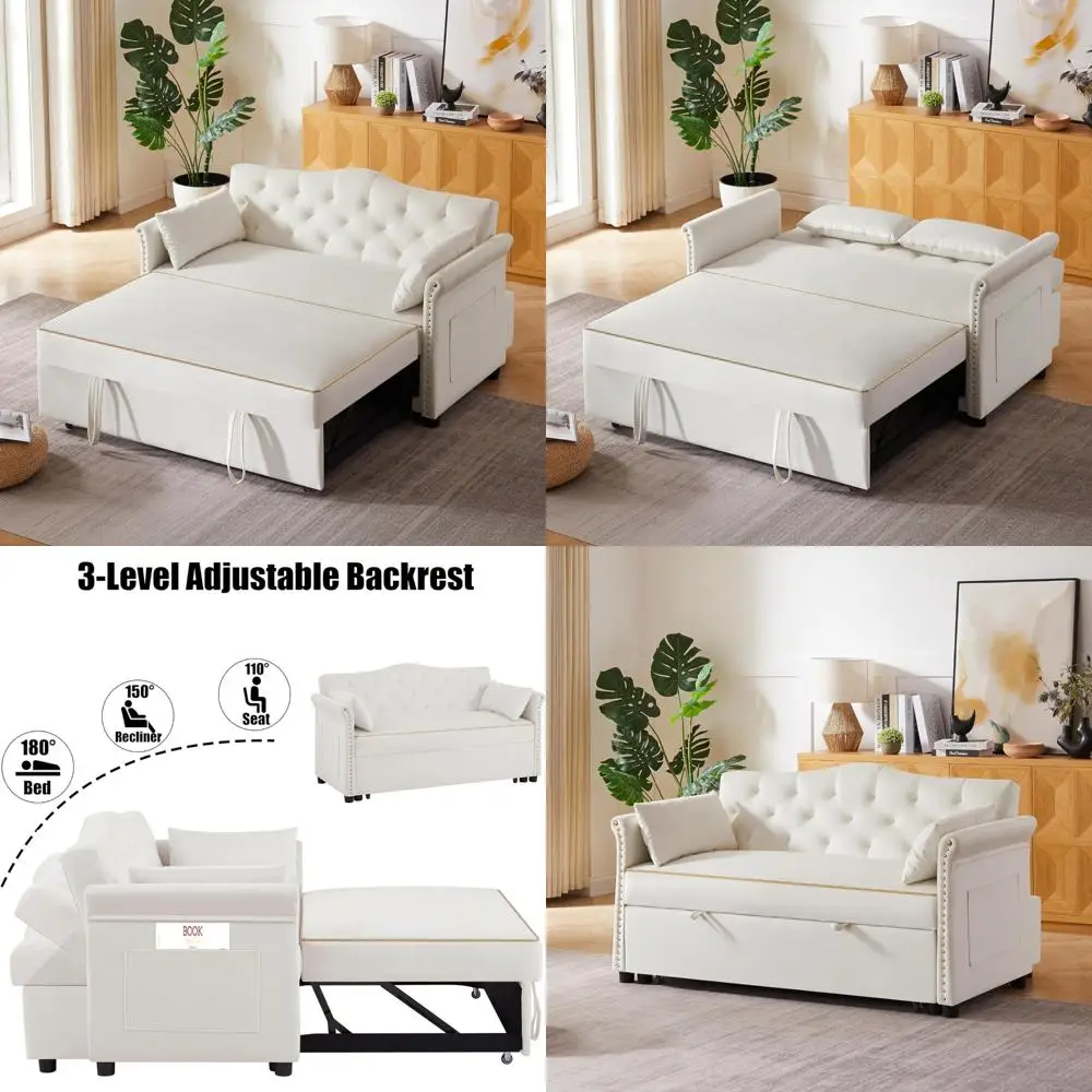 Convertible 3-in-1 Velvet Sofa Bed with Gold Trim and Adjustable Backrest for Living Spaces
