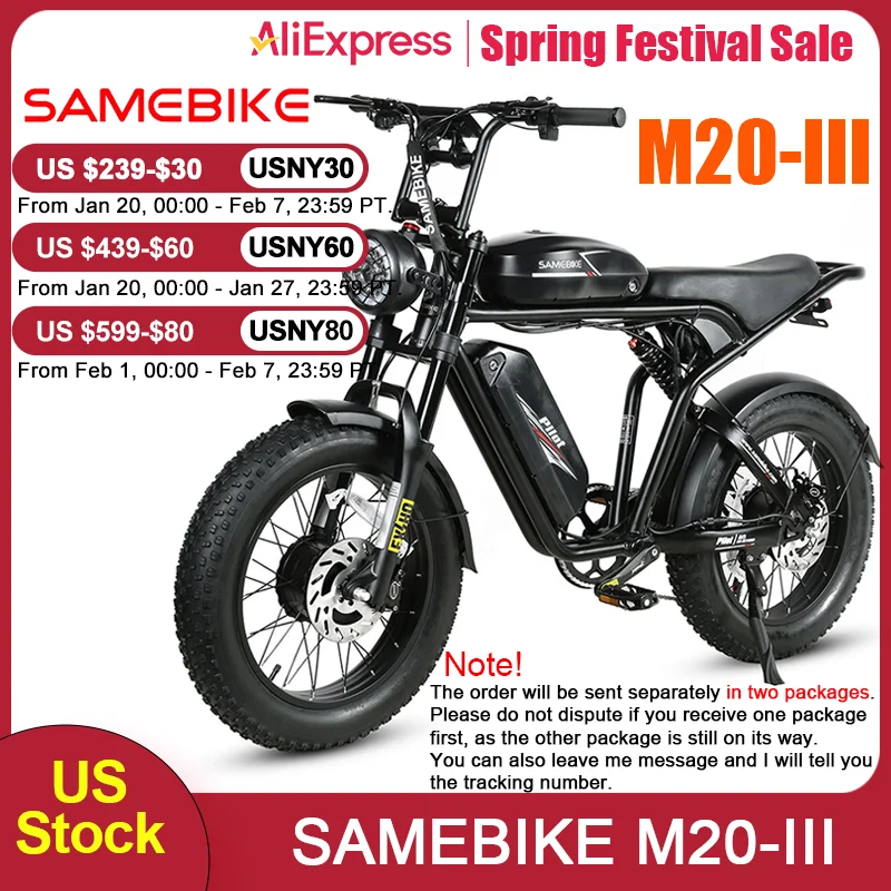 SAMEBIKE M20-III Electric Bicycle 1000W*2 Dual Motors 60km/h Speed 110km Range 48V/32Ah Battery Electric Bike