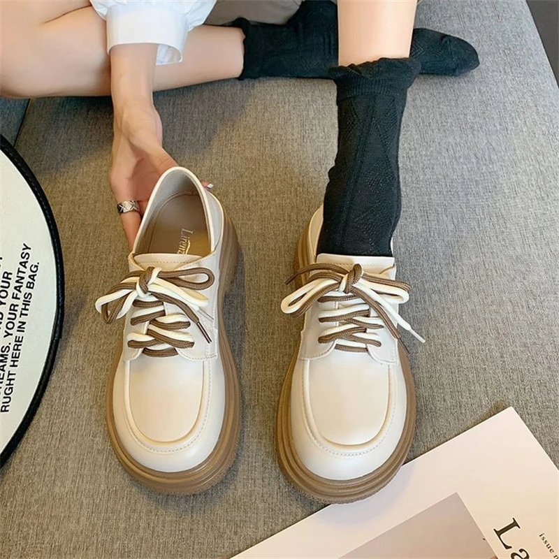 

Feminine Lady Loafers Women's Spring And Autumn New Soft-soled Mid Heel Wedge Lace-up Retro British Jk Uniform Lolita Shoes