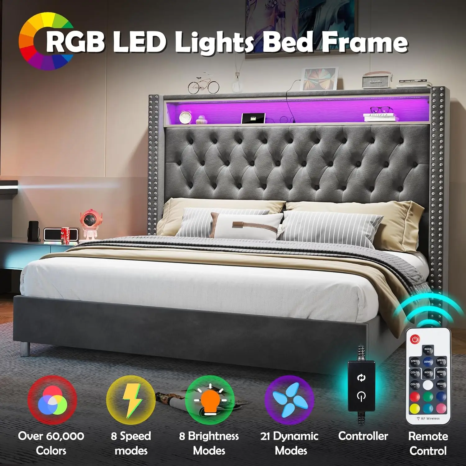 LED Queen Size Quadro Cama e Cabeceira com Estação de Carregamento, Veludo Estofados Plataforma, Sem Box Spring Needed