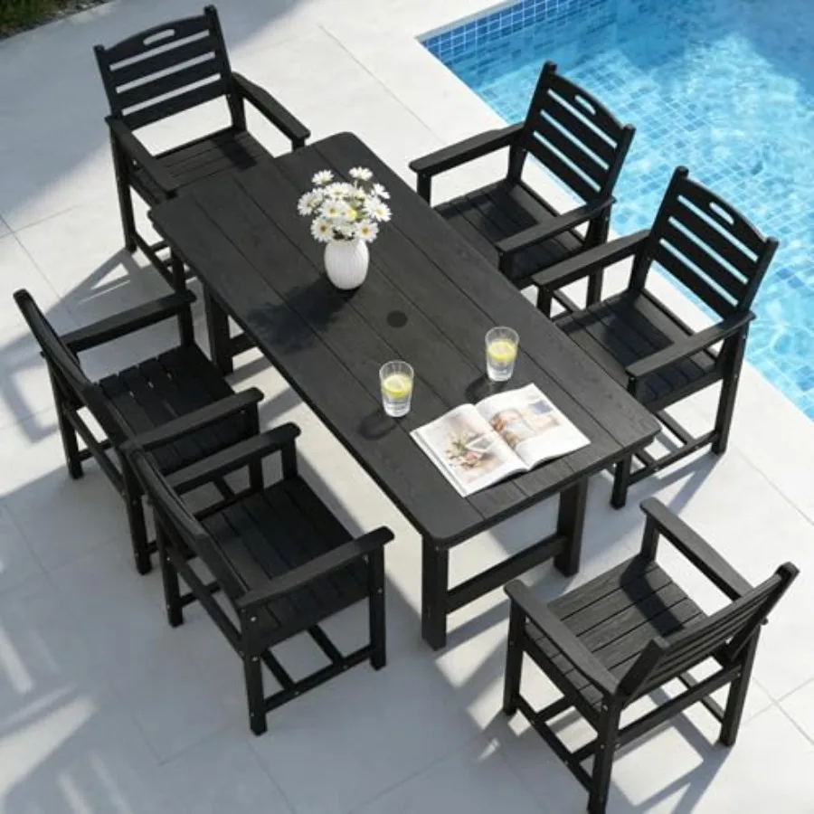 

7-Piece Outdoor Dining Set - HDPE Patio Dining Set for 6 - Outdoor Table and Chairs - All Weather Rectangular Patio Table Sets