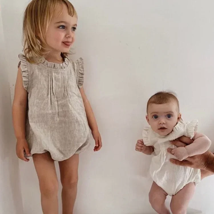 

Baby's Clothing Newborn Infant Girl Infant Sleeveless Romper Vintage Ruffles Jumpsuit Bodysuits Cotton Linen Rompers Onesies 18M