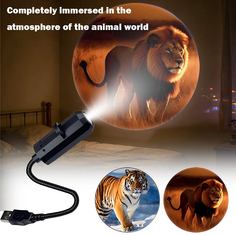 Lion/Tiger Light Projection Night Light, 360 ° Projection Light USB Powered, Projection Tiger and Lion Lighting, Animal World