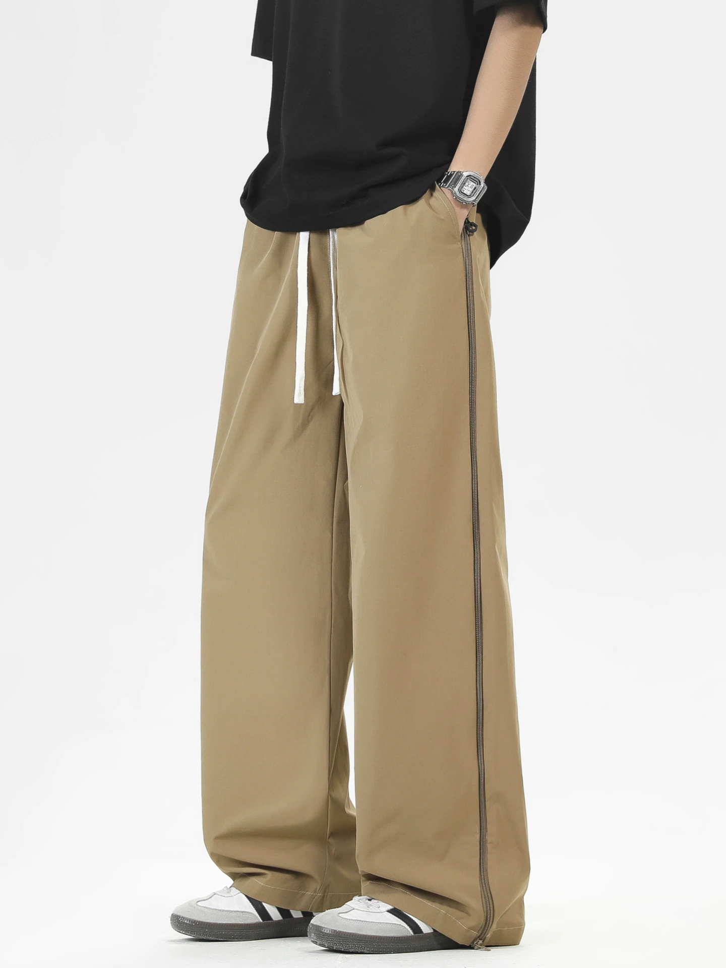 

Retro Streetwear Dstring Elastic Sports Pants Men's Spring Loose Couple Match Casual Long Trousers Comfortable Straight Leg