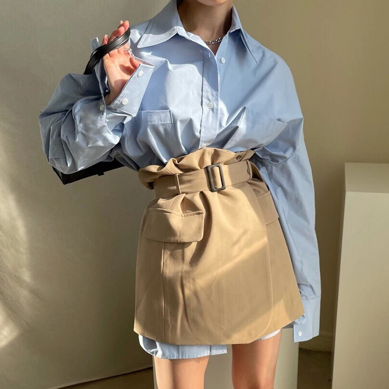 

New Korea Chic Women Dress Sets Simple Loose BF Wind Long Sleeve Shirt + High Waist Wrap Skirt