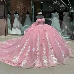 Shinning Girls Princess Pink Quinceanera Dress Pretty Floral Applique Beading Off Shoulder Mexico Corset Sweet 16 Vestido De 15