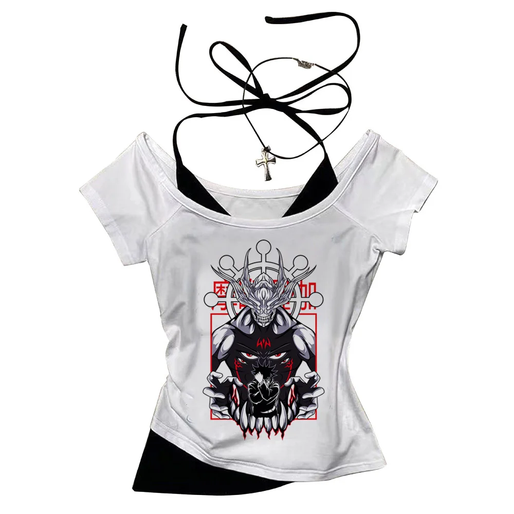 Jujutsu Kaisen Gojo المحاصيل الأعلى سليم صالح لطيف الصيف بيبي دول لطيف شوجو فتاة نمط مشد الجمالية 2000s امرأة تي شيرت