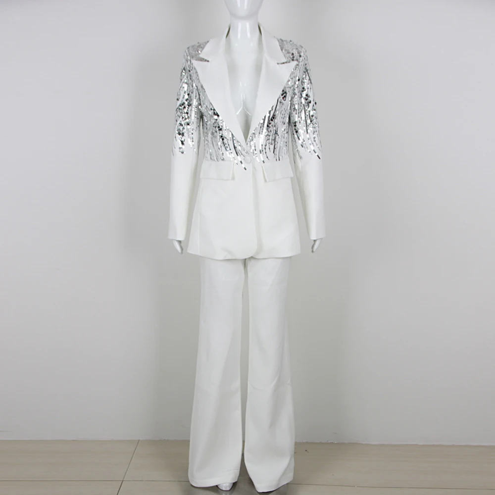 VC White Two Pieces Set Women 2024 Spring Fashion High Streetwear Sequin Design Long Sleeves Blazer Coat+Pants Suit