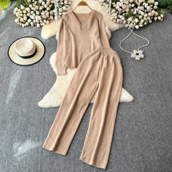 REALEFT Autumn Winter 2 Pieces Women's Sets Outfit Knitted Tracksuit V-Neck Sweater and Straight Jogging Pants Suit 2024 New