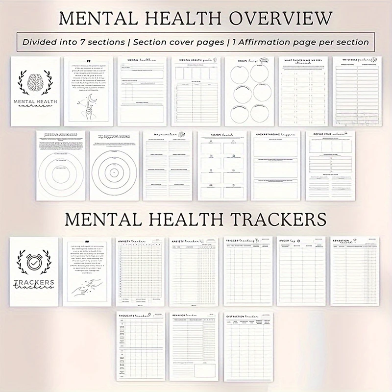 Diário de bem-estar guiado com ansiedade e TDAH com rastreador de humor e indicações para pensamento positivo e cuidado próprio