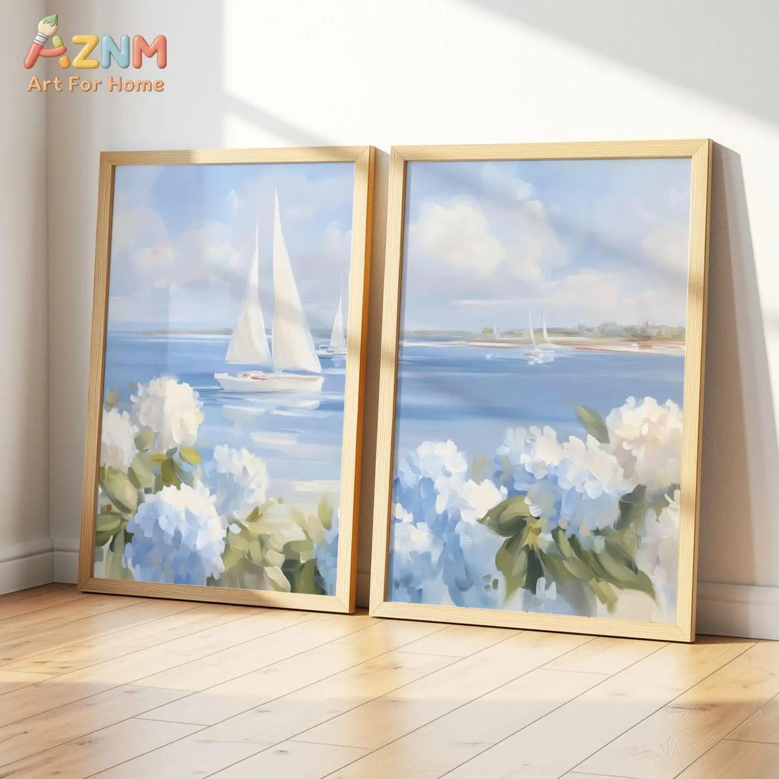 Set of 2 Pastel Coastal Wall Art / Blue Hydrangeas & Sailboats Painting / Summer Ocean Print / Beach House Decor