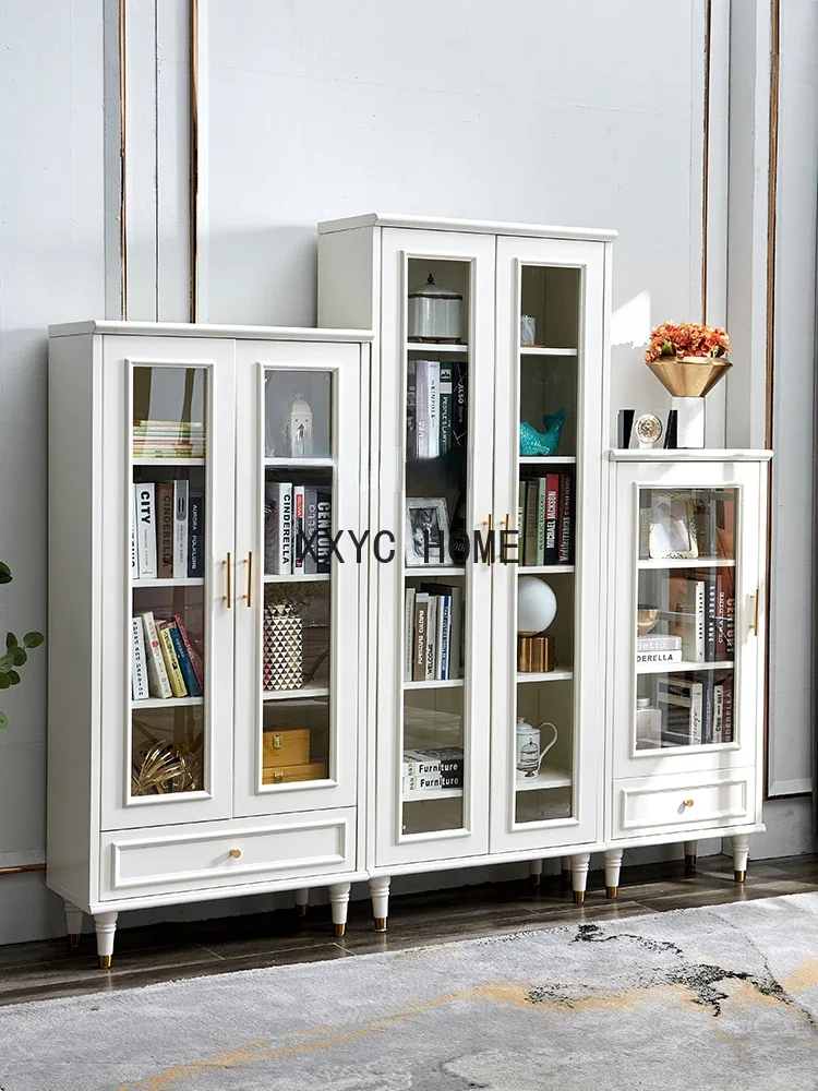 

American Bookcase Solid Wood Storage Cabinet with Glass Door Dustproof Display Cabinet Home Living Room Bookshelf Floor White