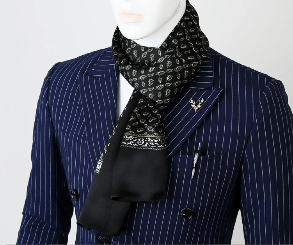 Men\'s 100 Silk Scarf Paisley Double Layer Neckerchief Bridegroom Business Suit Cravat Blue Black