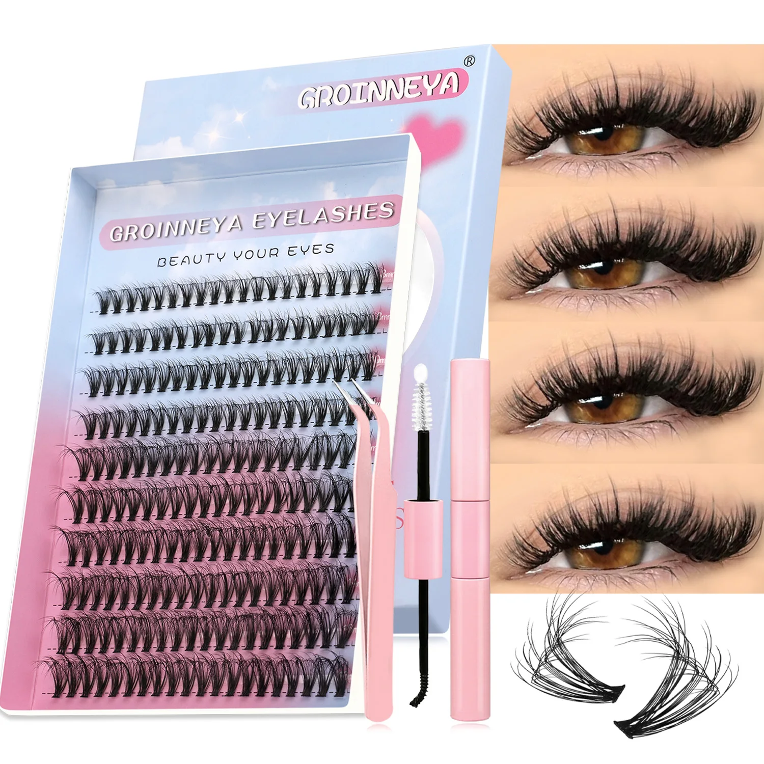 GROINNEYA DIY Cluster Lashes Set Different Length Lashes Extension Kit Fluffy Individual Eyelash With Lash Bond And Seal Makeup