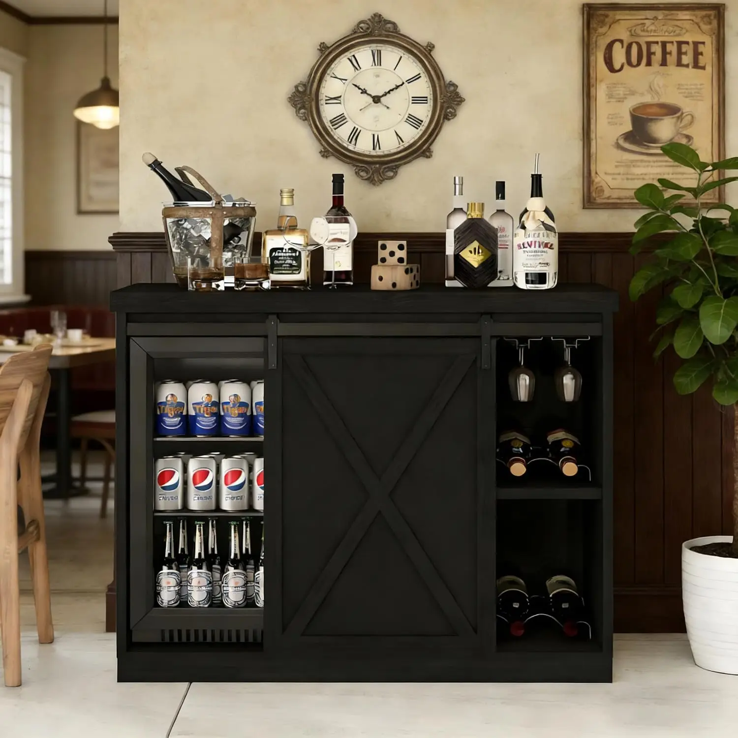 Coffee Bar Cabinet with Mini Fridge Space, 49.2'' Farmhouse Kitchen Buffet Hutch with Power Outlet, Fridge Cabinet with Sliding