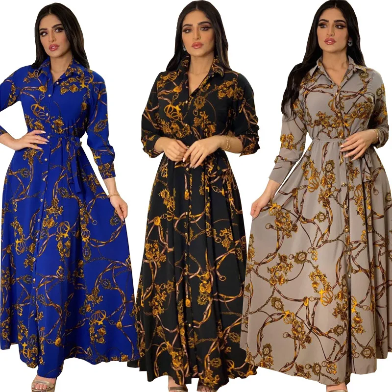 New Autumn Muslim Women Shirt Dress Morocan Kaftan Long Sleeve Turkey Dubai Print Abaya Islamic Clothing Vestido India Dresses