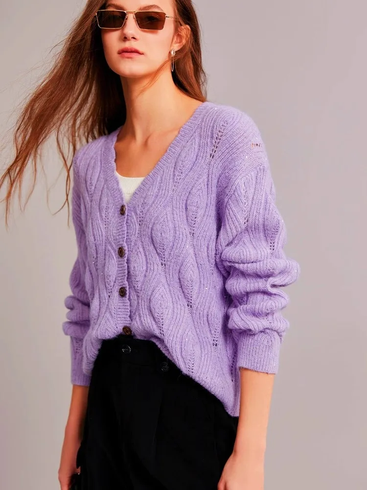 100% wool bead glitter V-neck cardigan women\'s loose short top sweater new