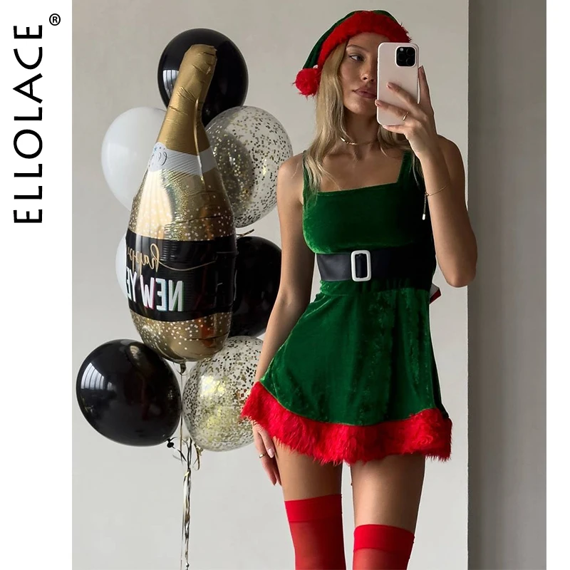 Ellolace Christmas Dress With Hat Belt Lace Up Back Bow Festival Party Dress Green Square Collar Velvet A-line Mini Dress