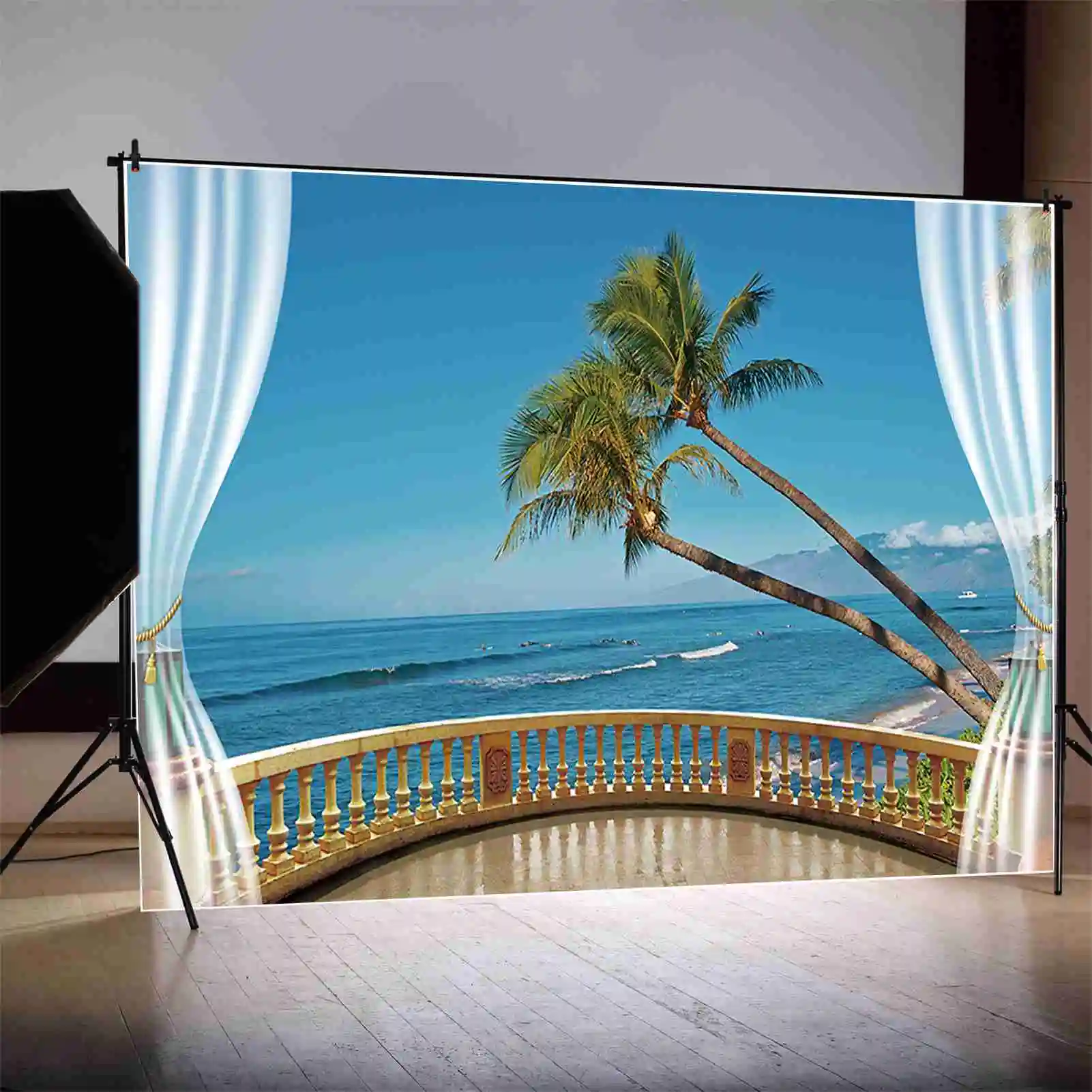 MOON.QG-Palmeira deixa o fundo para adultos, adereços personalizados de decoração de festa, cenários de verão e praia, fundo azul do oceano