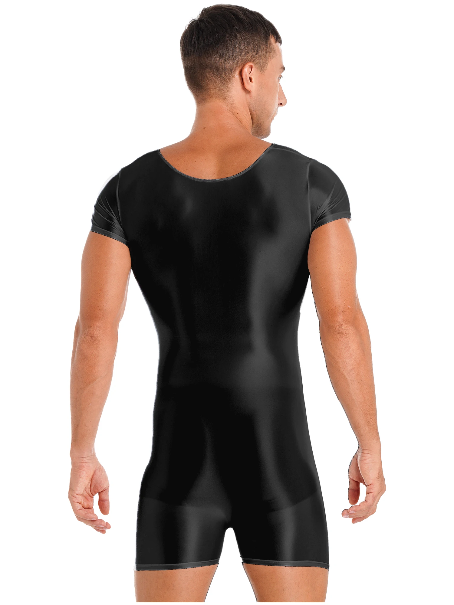 Men\'s Shiny Oil Short Sleeve Bodysuit Jumpsuit Biketard Unitard Running Exercise Gym Workout Bodybuilding Leotard Swimwear