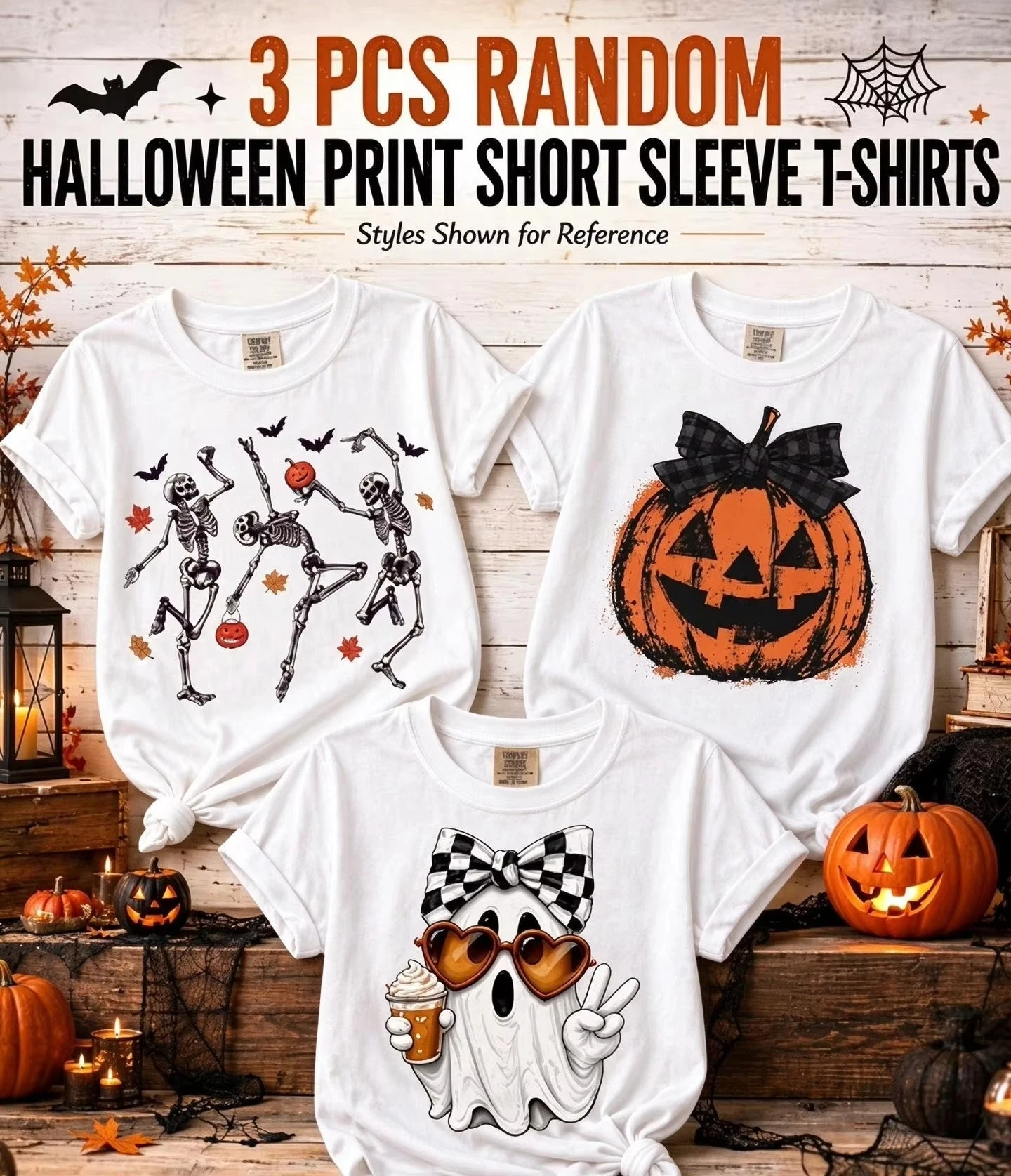 3PCS Halloween T Shirt Women Bundle Set Yellow Black White Cute Ghost Pumpkin Graphic Tees Casual Holiday Top