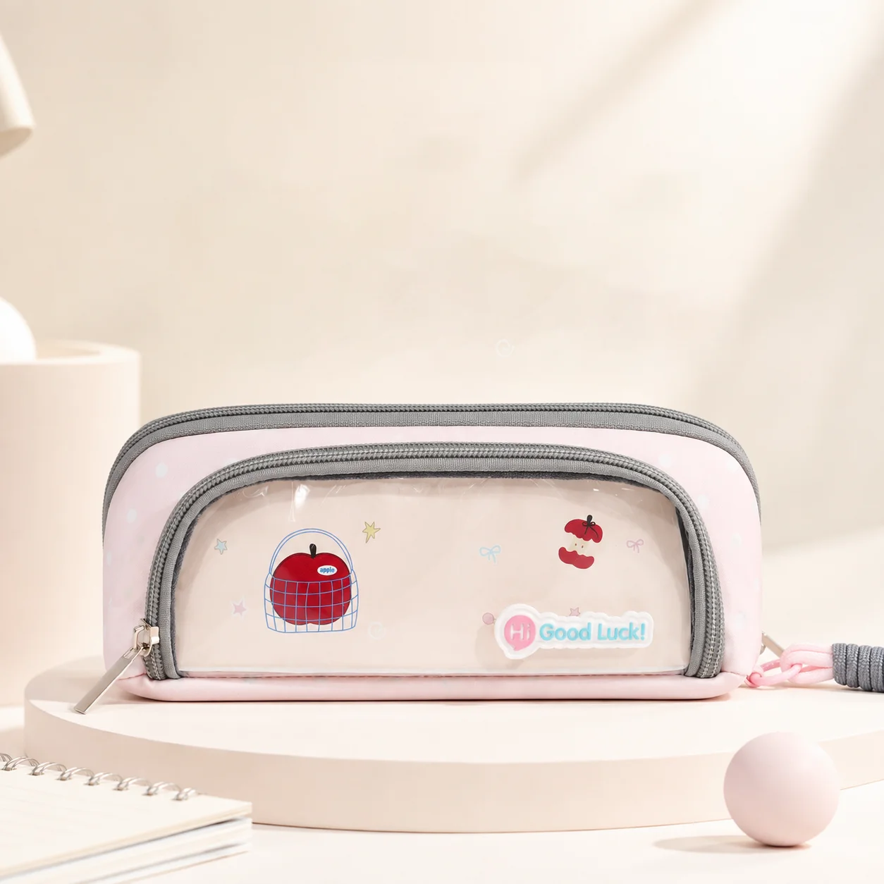 Kawaii Large Capacity Pencil Case Double Layer Multi Compartment Pen Bag with Transparent Front Pocket Wrist Strap School Statio