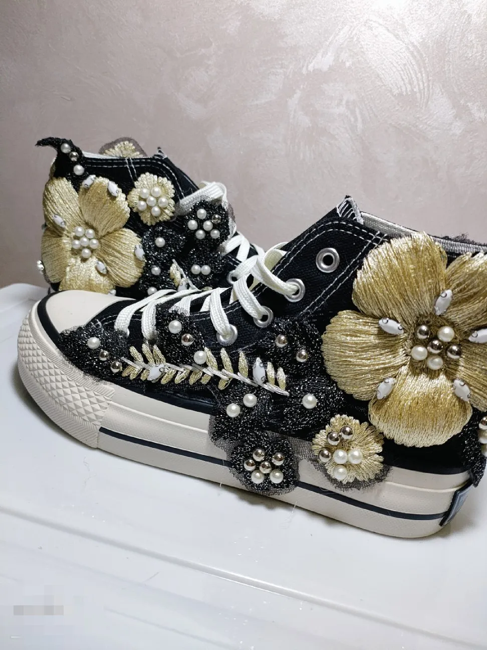 Embroidered Beaded High Top Canvas Shoes