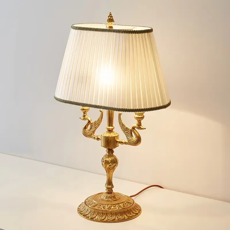 French Style All-Copper LED Table Lamp with Cloth Shade-Luxury Retro Design for Living Room Bedroom Bedside Use