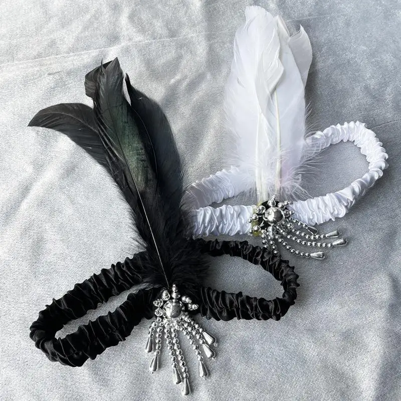 Women's Black Hair Accessories Beaded Hair Band 1920s Retro Gatsby Single Party Ladies Headwear Dress UP Feather Headband view 3