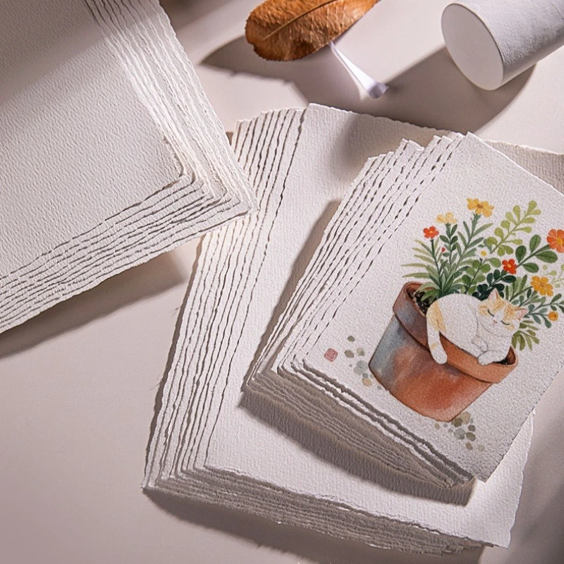 A4/A5/A6 10-20 Sheets Art Watercolor Paper 300 Gsm Thick Textured Cotton Paper Deckled Edge Handmade Paper for Painting Postcard