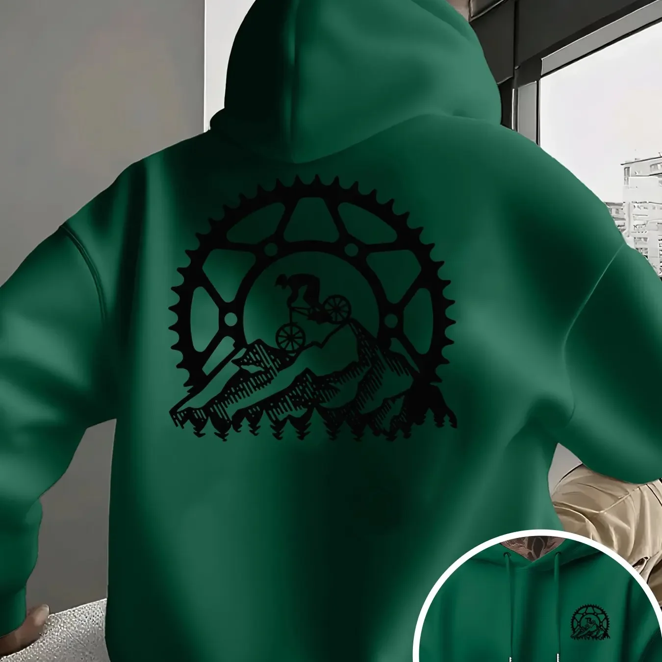Men Mountain Bike Downhill Rider Sprocket Gear Mountain Forest Back Print Fleece Hoodie Cycling Sports Sweatshirt