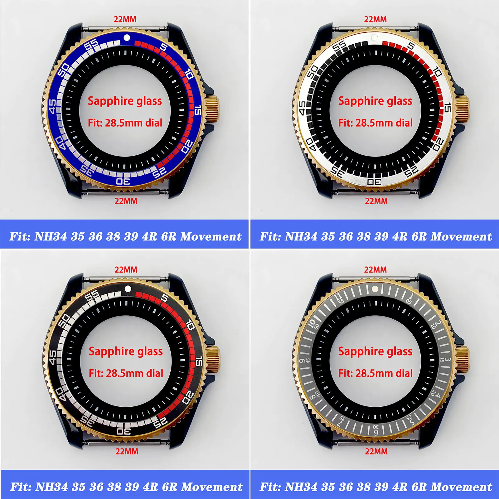 Custodia nera SKX007 Custodia NH35 Corona 3.0 Lunetta in oro Inserto in alluminio Vetro zaffiro Cassa per orologio in acciaio inossidabile nero