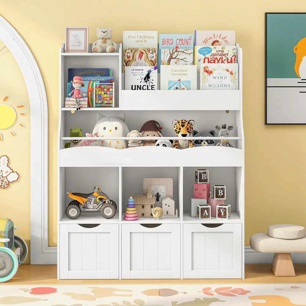 

3-Tier Wooden Bookshelf with Storage, Playroom Toy Organizer, White
