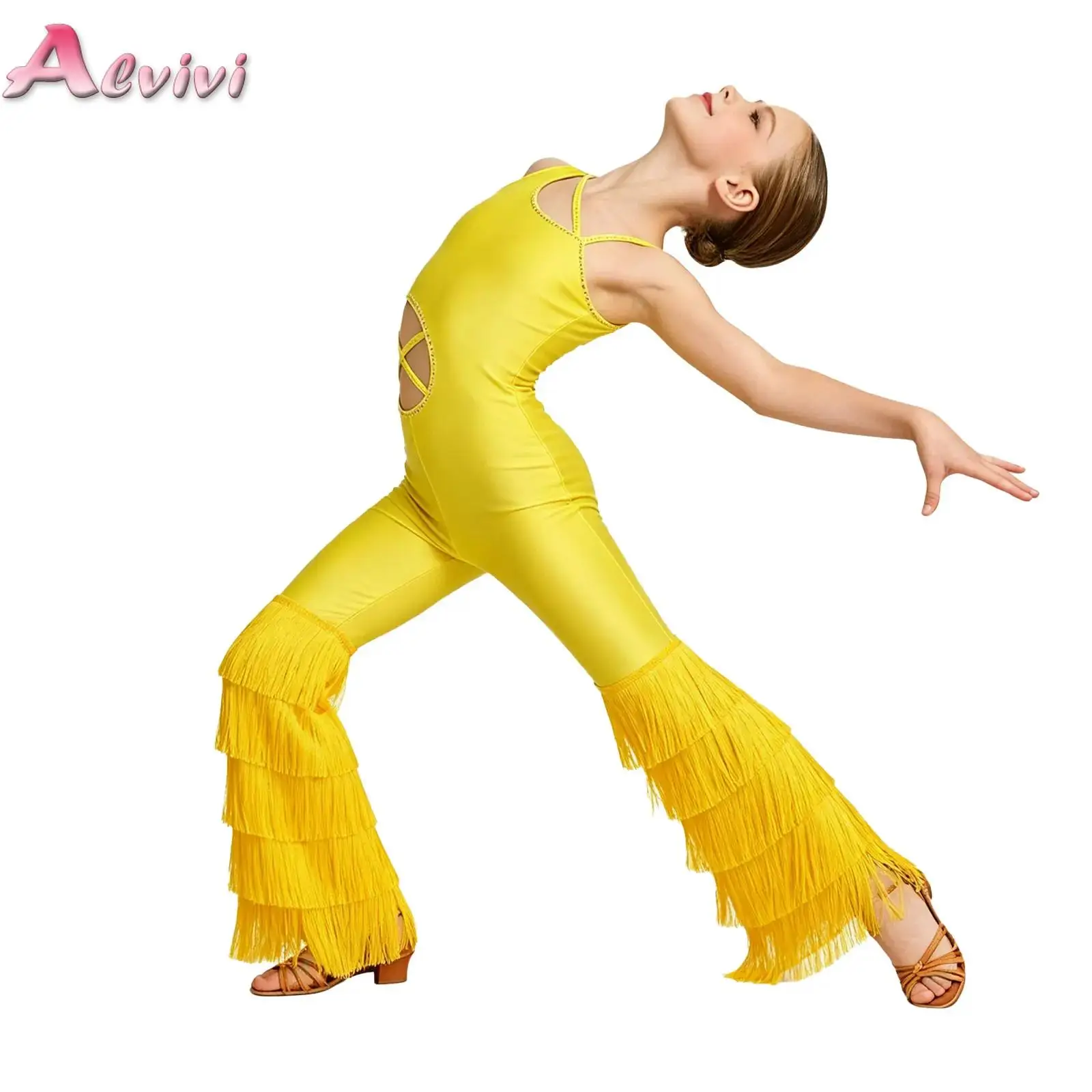 Kids Girls Layered Tassel Bodysuit Sleeveless Rhinestone Cutout Jumpsuit Latin Jazz Dance Stage Performance Competition Clothes