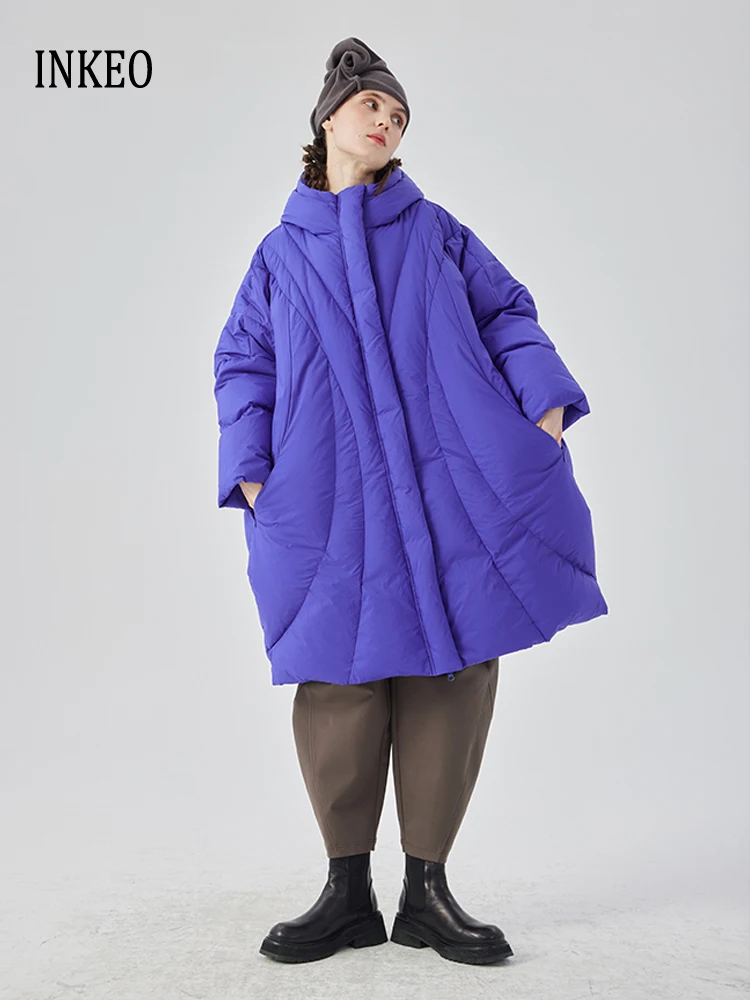 

Luxury Batwing sleeve down jacket with hooded Women's 2025 Winter Warm Solid color Long puffer coat Casual INKEO DJ578