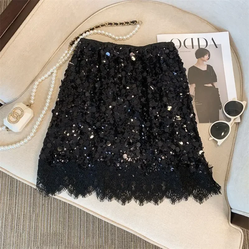 Wedbleser Sequined Lace Midi Skirt Summer 2025 New Style Temperament Elastic High Waist Slimming A-line Hip Hugging Short Skirts