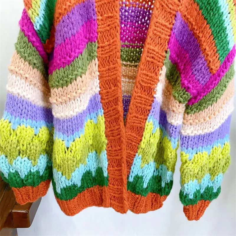 Women Colorful Rainbow Chunky Knit Mohair Sweater Handmade Bulky Cardigan Warm 2023 Autumn Winter New In