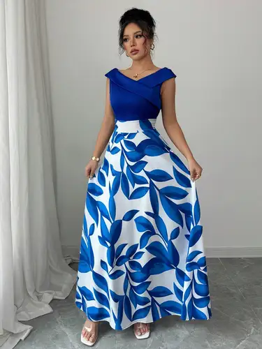 Vestido largo floral azul blanco para mujer Escote asimétrico Diseño de bloques de color Ideal para eventos nocturnos Fiesta en el jardín Estilo elegante