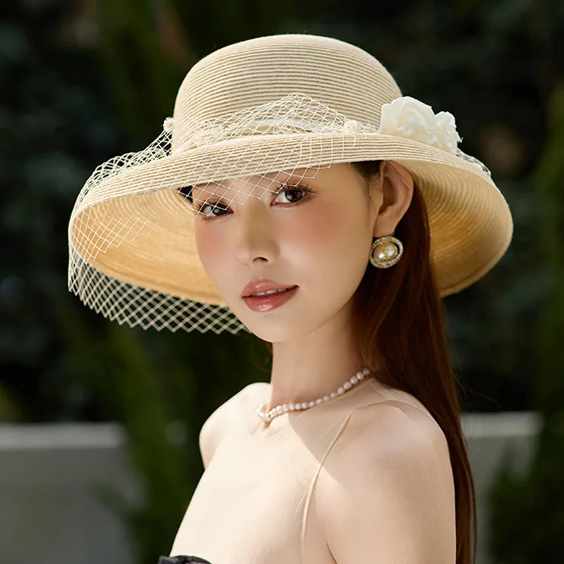 100% Natural Linen Straw Hat Women Fashion Sunshade Cap Unique Handwoven Sunscreen Veil Beach Sun Hat